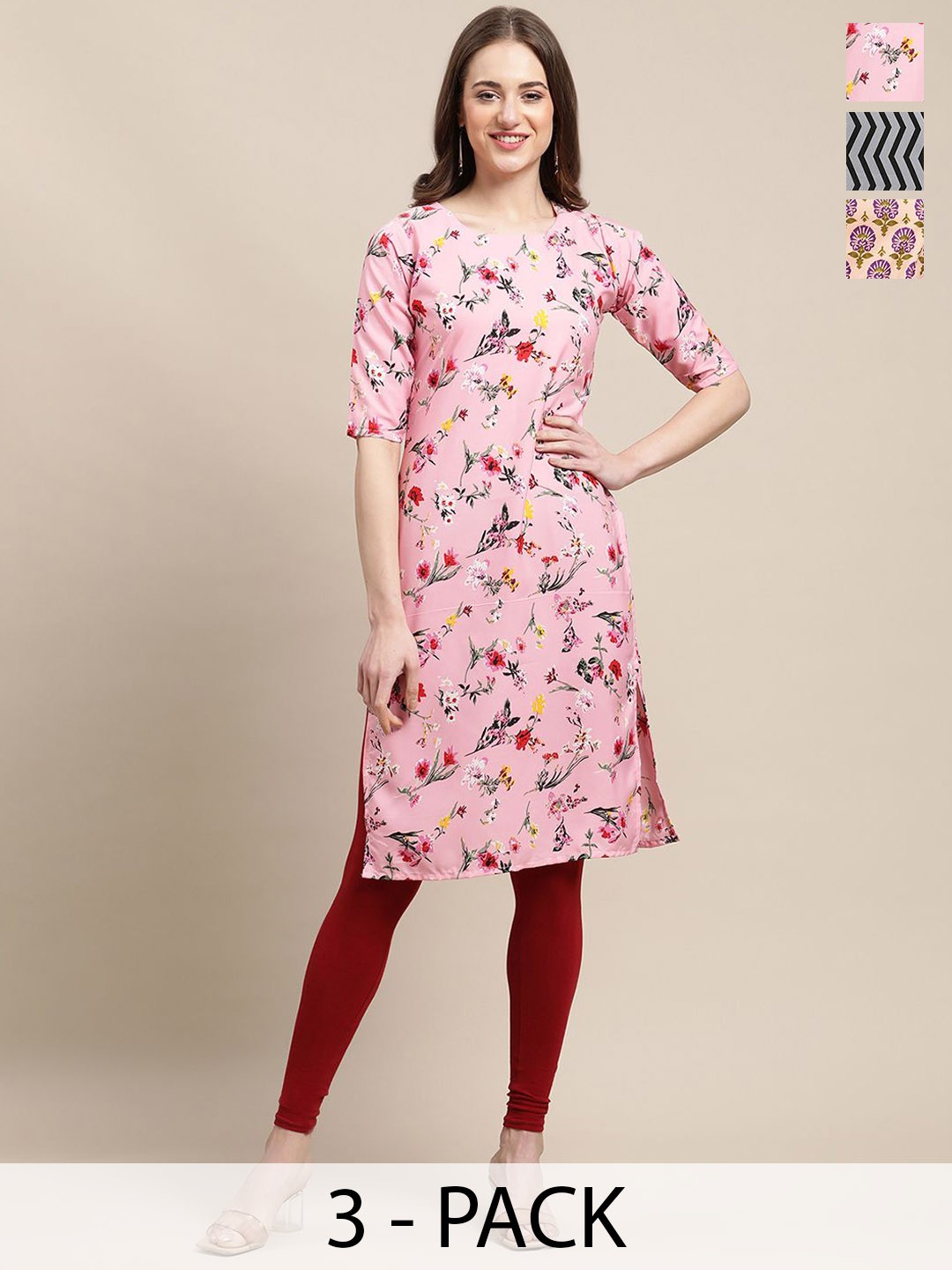 

7Threads Selections Of 3 Ethnic Motifs Printed Straight Crepe Kurta, Pink