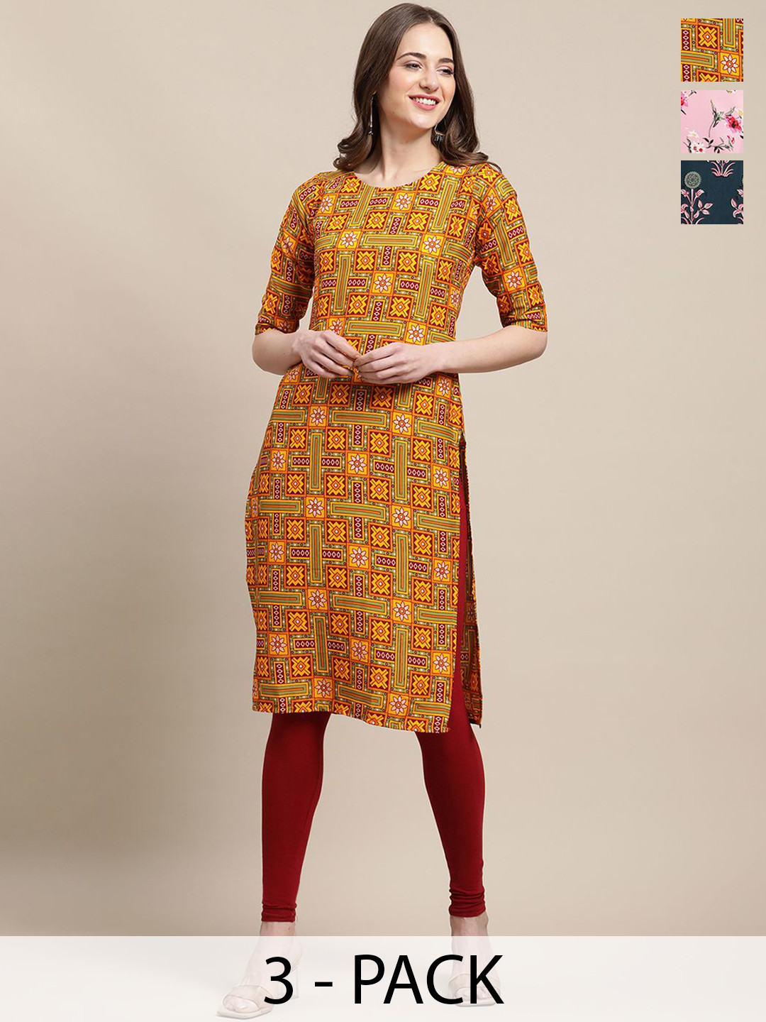 

7Threads Selection Of 3 Ethnic Motifs Printed Round Neck Crepe Straight Kurta, Yellow