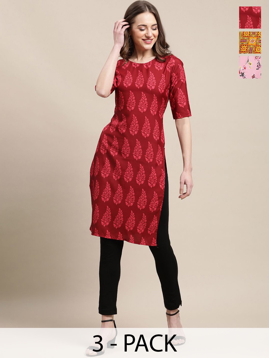 

7Threads Selection Of 3 Floral Printed Straight Kurta, Red