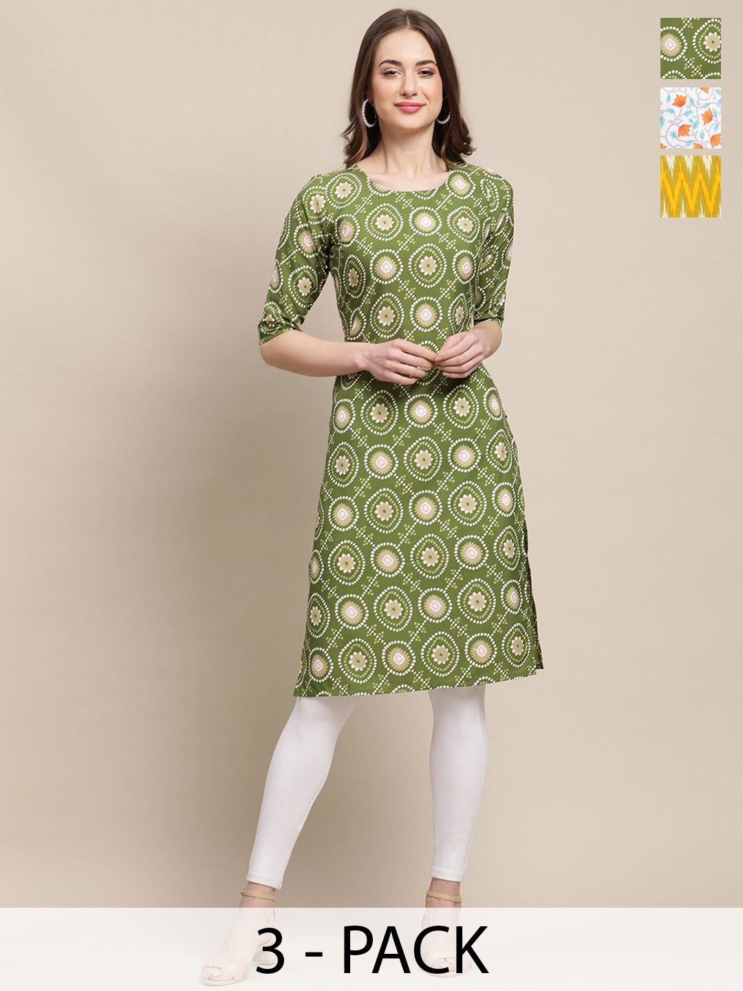 

7Threads Selection Of 3 Ethnic Motifs Round Neck Straight Kurtas, Green