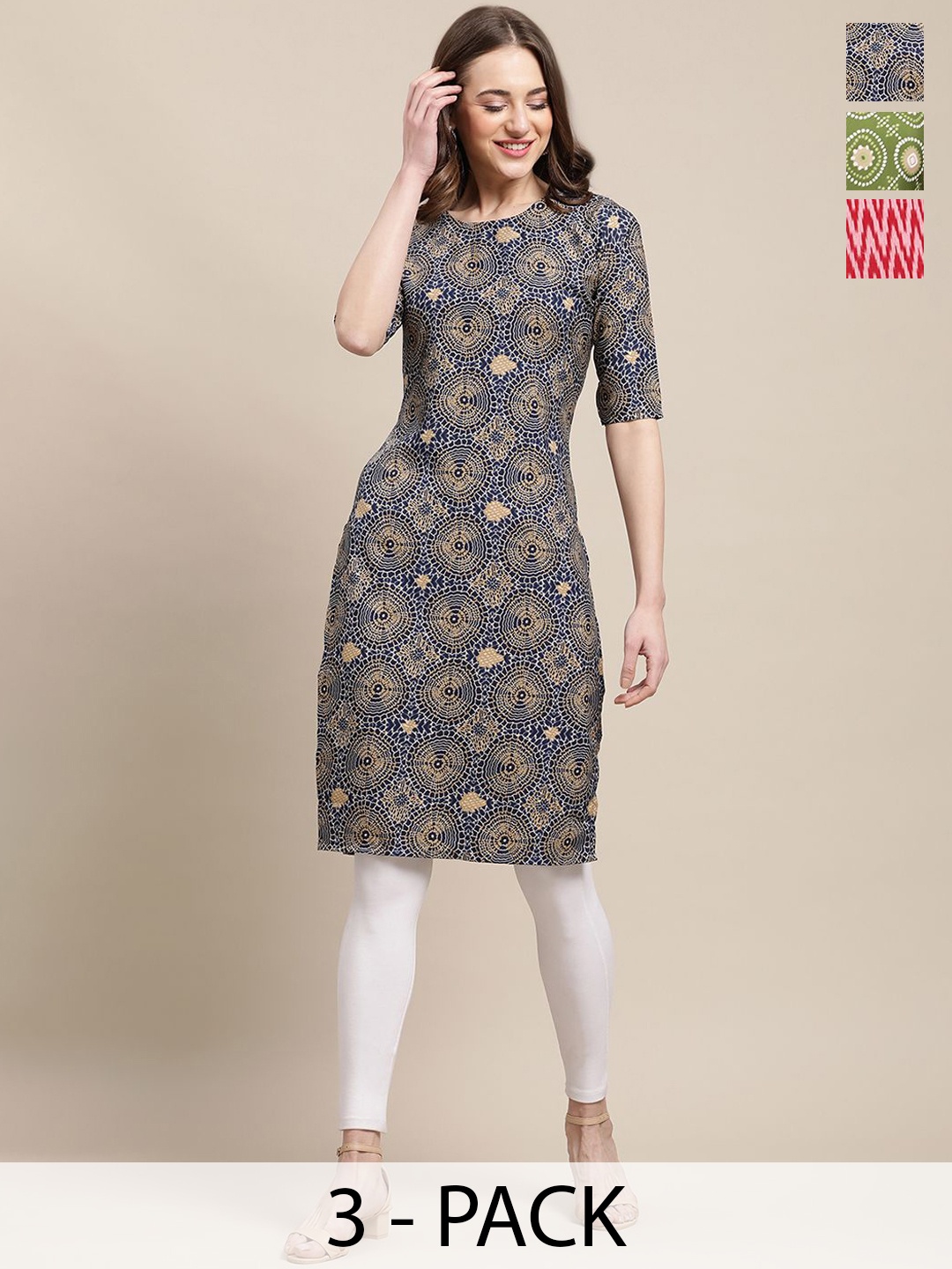 

7Threads Selection Of 3 Chevron Printed Round Neck Crepe Straight Kurta, Blue