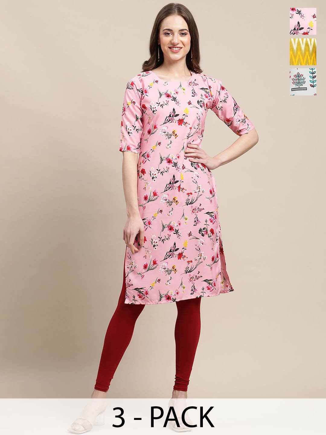 

7Threads Selection Of 3 Floral Printed Round Neck Kurtas, Pink