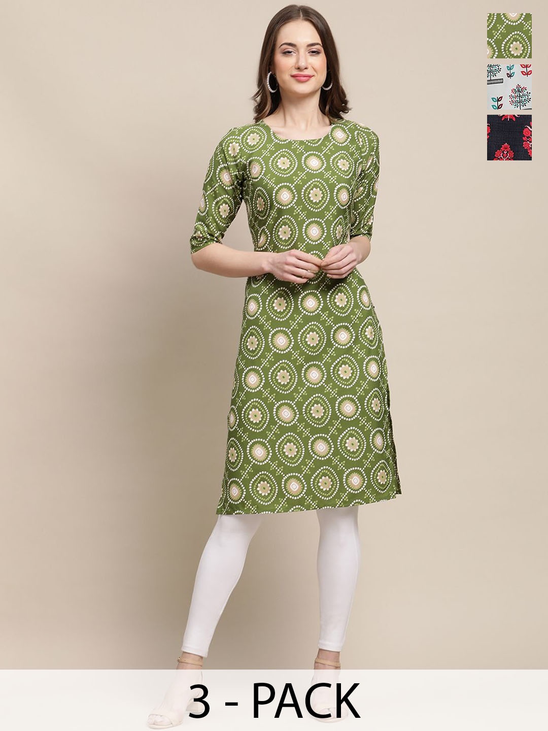 

7Threads Selection Of 3 Floral Printed Round Neck Kurtas, Green