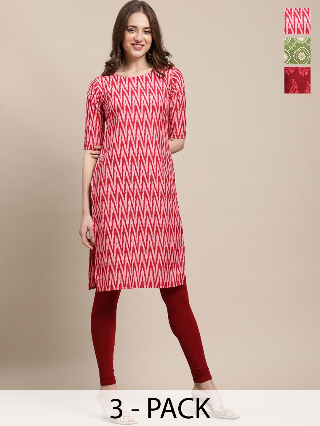 

7Threads Selection Of 3 Ethnic Motifs Printed Round Neck Straight Crepe Kurtas, Red