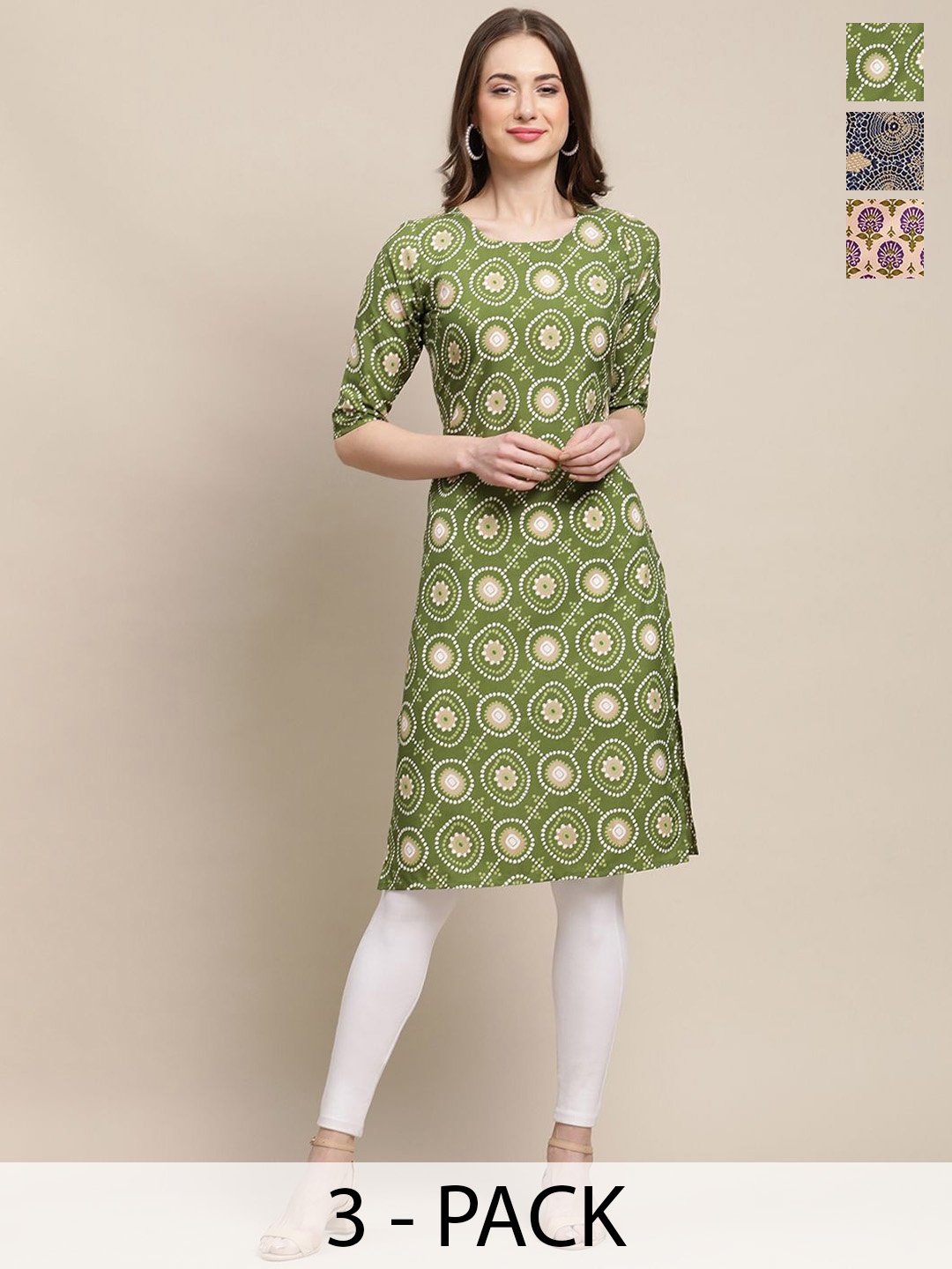 

7Threads Selection of 3 Geometric Printed Crepe Straight Kurta, Green