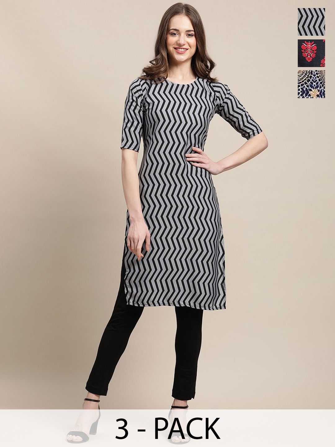 

7Threads Pack of 3 Chevron Printed Round Neck Kurta, Black