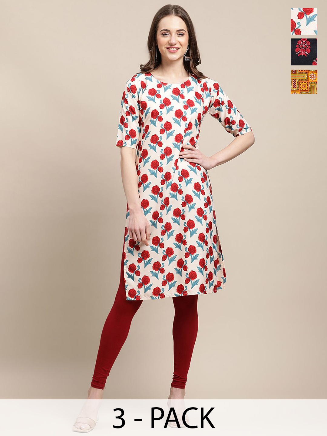 7Threads Selection Of 3 Floral Printed Round Neck Kurta, Red