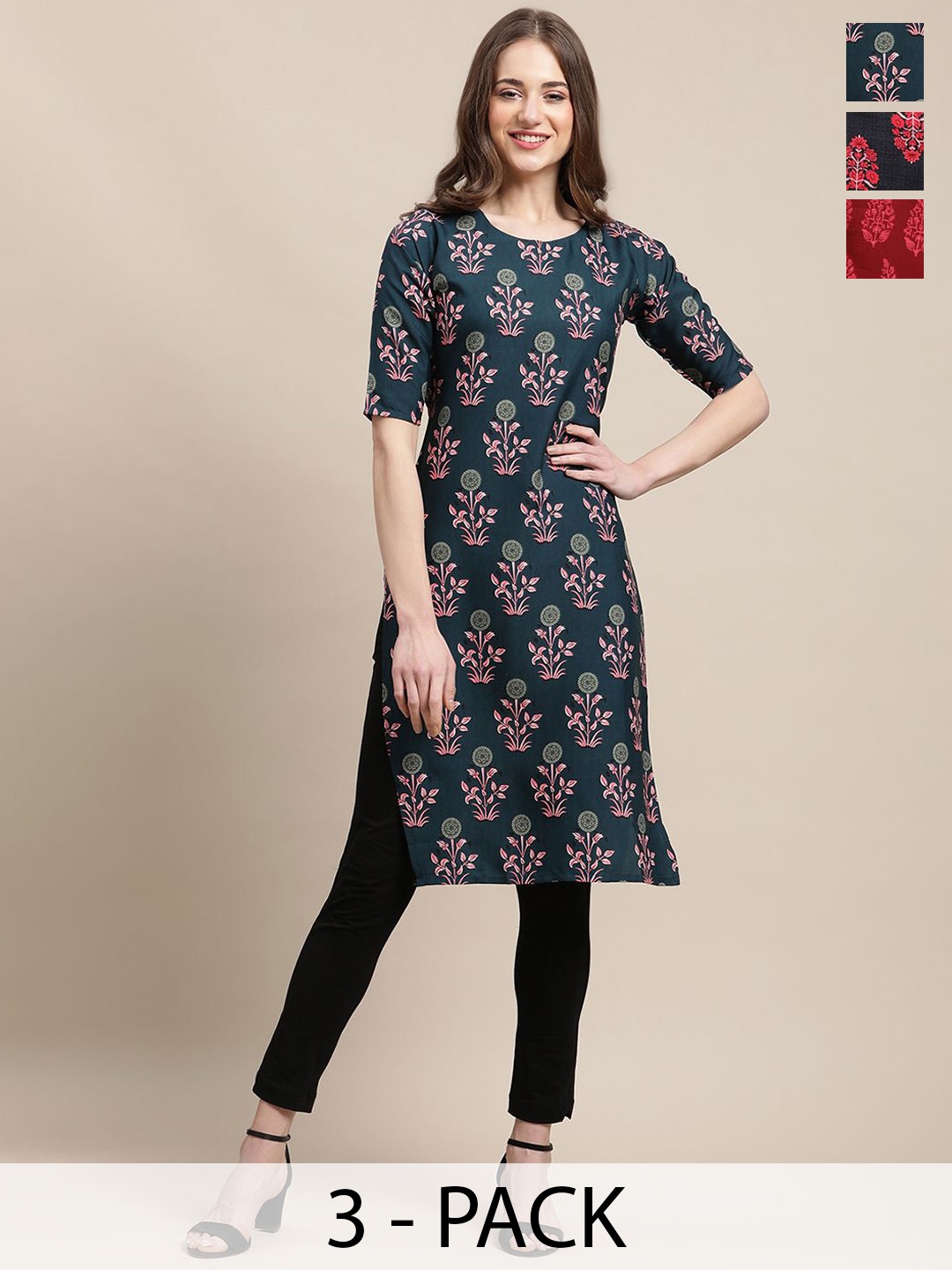 

7Threads Women Ethnic Motifs Printed Mirror Work Floral Crepe Kurta, Multi