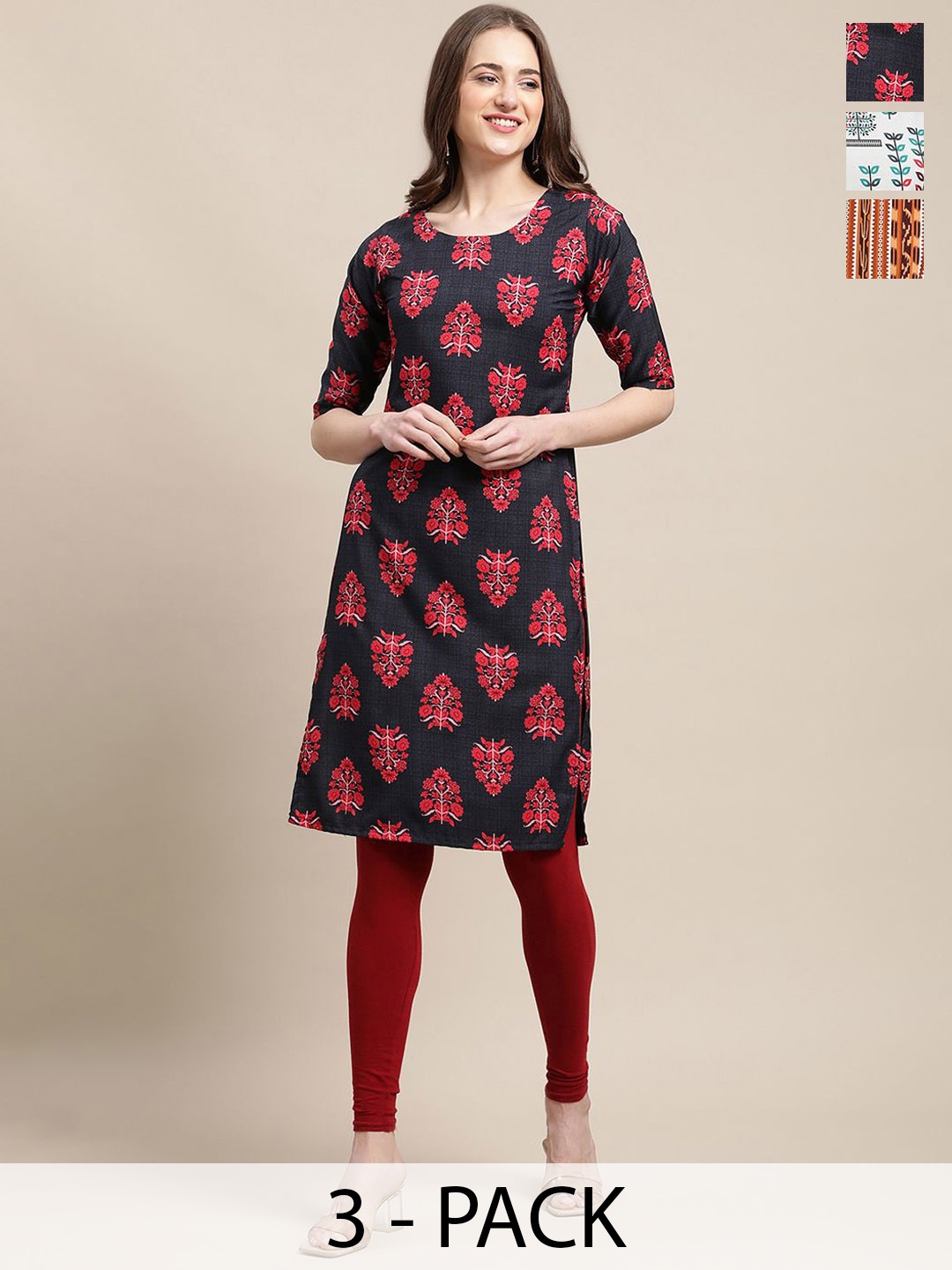 

7Threads Selection Of 3 Floral Printed Round Neck Regular Sleeves Straight Kurtas, Black