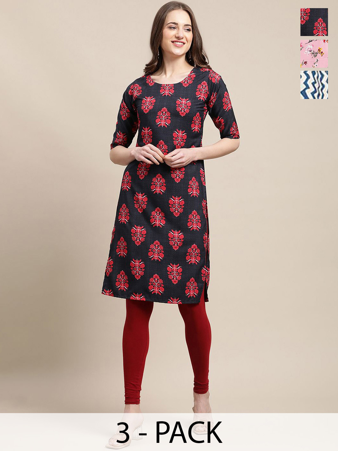 

7Threads Selection of 3 Floral Printed Round Neck Kurtas, Black