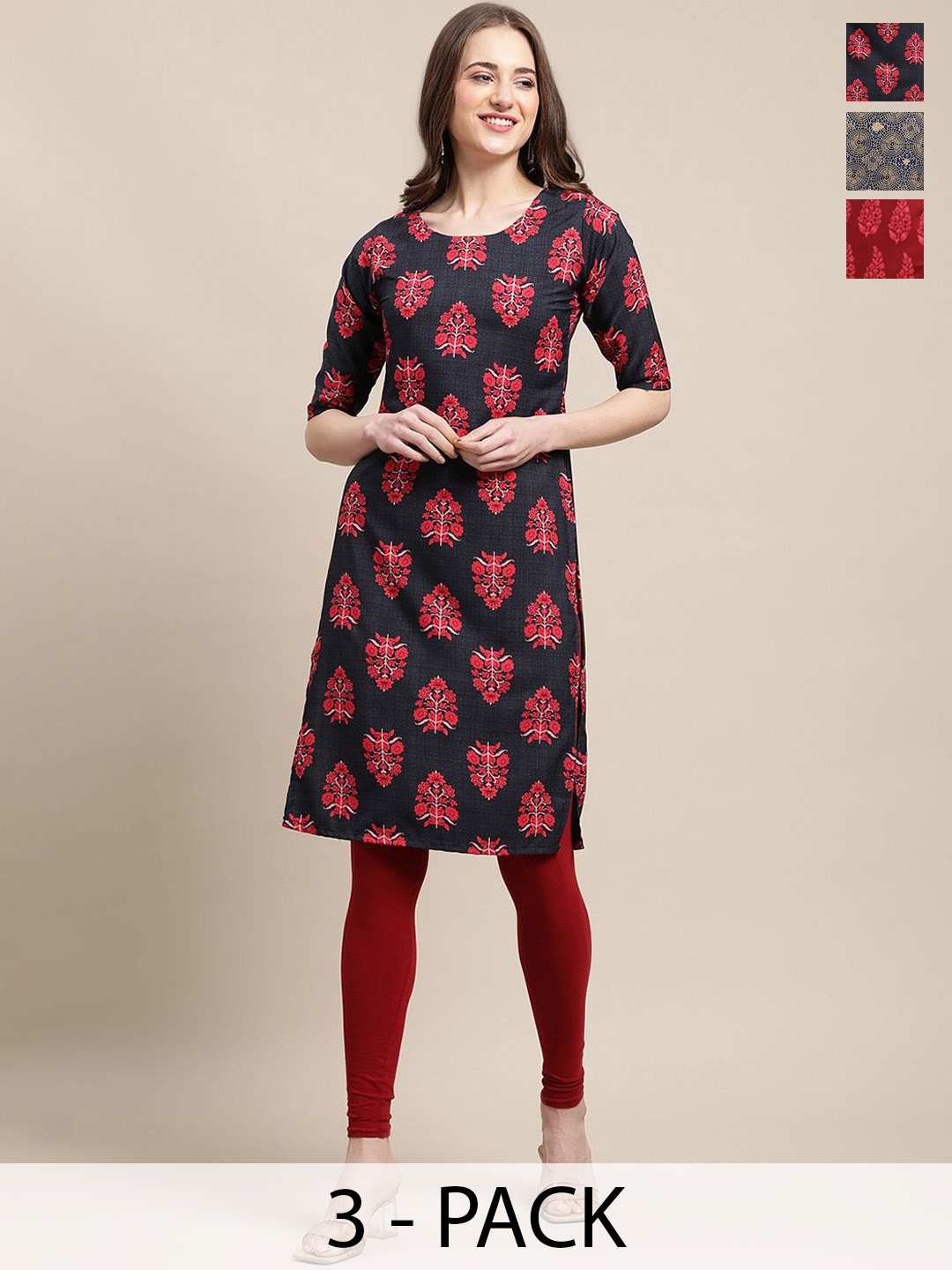 7Threads Set Of 3 Floral Printed Round Neck Regular Sleeves Machine Weave Straight Kurta, Black