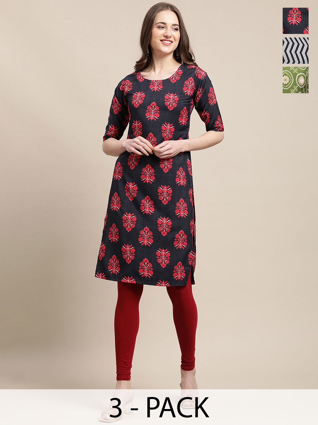 

7Threads Selection of 3 Geometric & Floral Printed Straight Kurtas, Navy blue