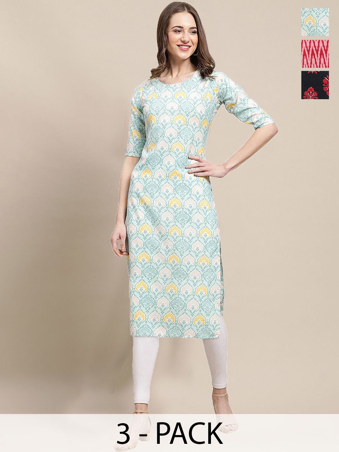 7Threads Selection Of 3 Ethnic Motifs Printed Round Neck Straight Kurtas, Sea green