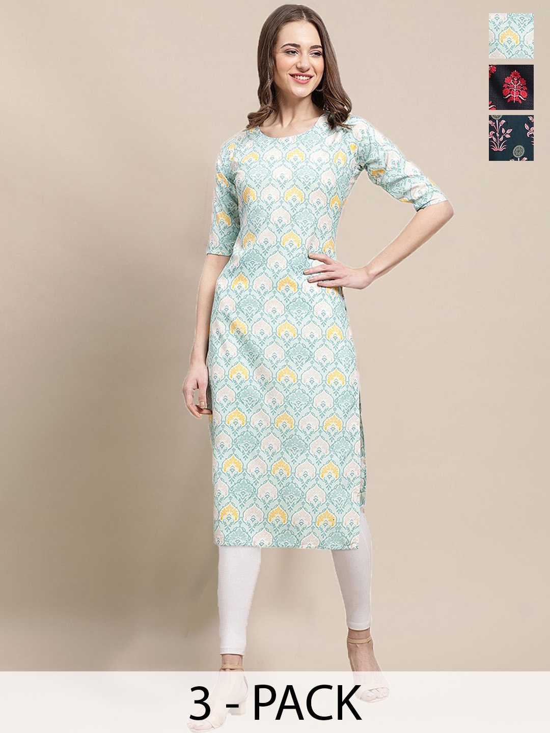 

7Threads Pack Of 3 Ethnic Motifs Printed Round Neck Straight Crepe Kurta, Blue