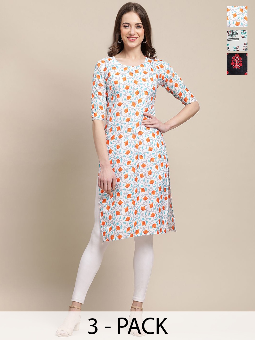 

7Threads Pack Of 3 Floral Printed Round Neck Kurta, Black