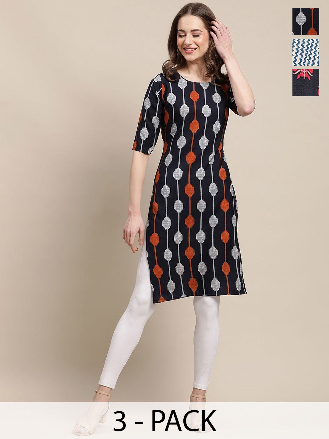 

7Threads Selection Of 3 Chevron Printed Round Neck Kurtas, Red