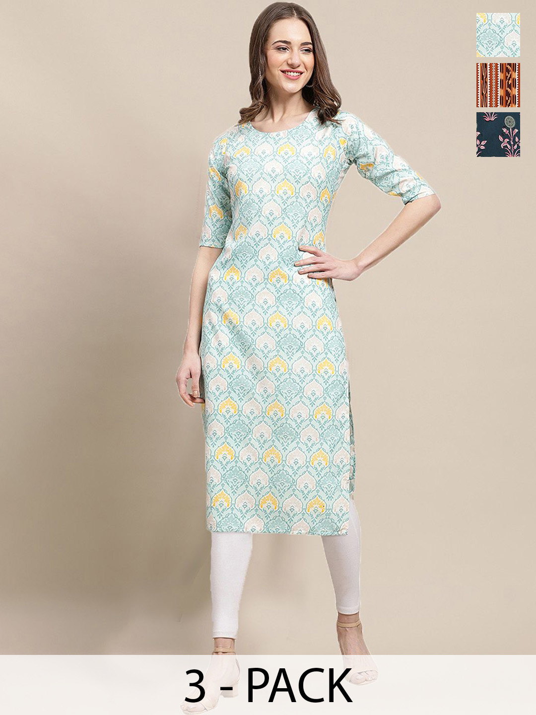 

7Threads Selection Of 3 Ethnic Motifs Printed Round Neck Straight Crepe Kurtas, Blue