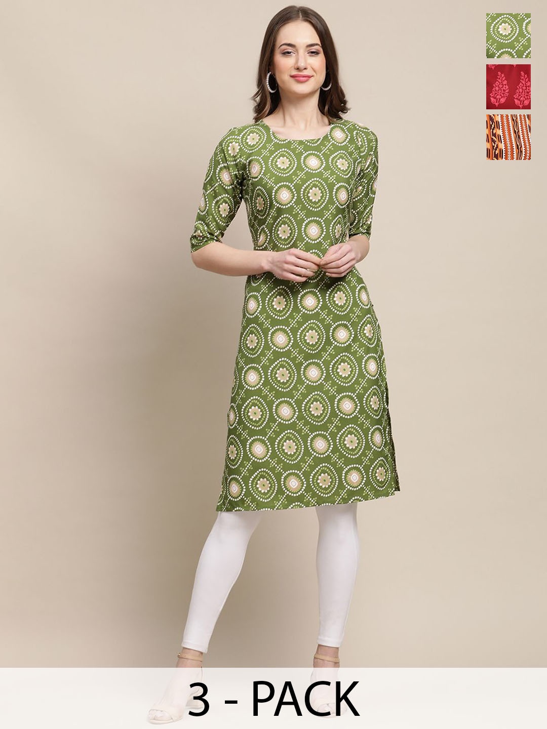 

7Threads Selection of 3 Geometric Printed Straight Kurtas, Green