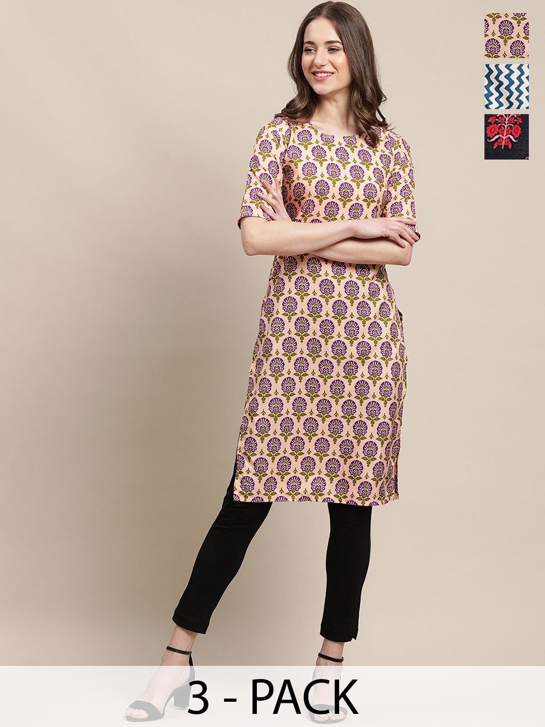 

7Threads Selection of 3 Floral Printed Straight Kurtas, Cream