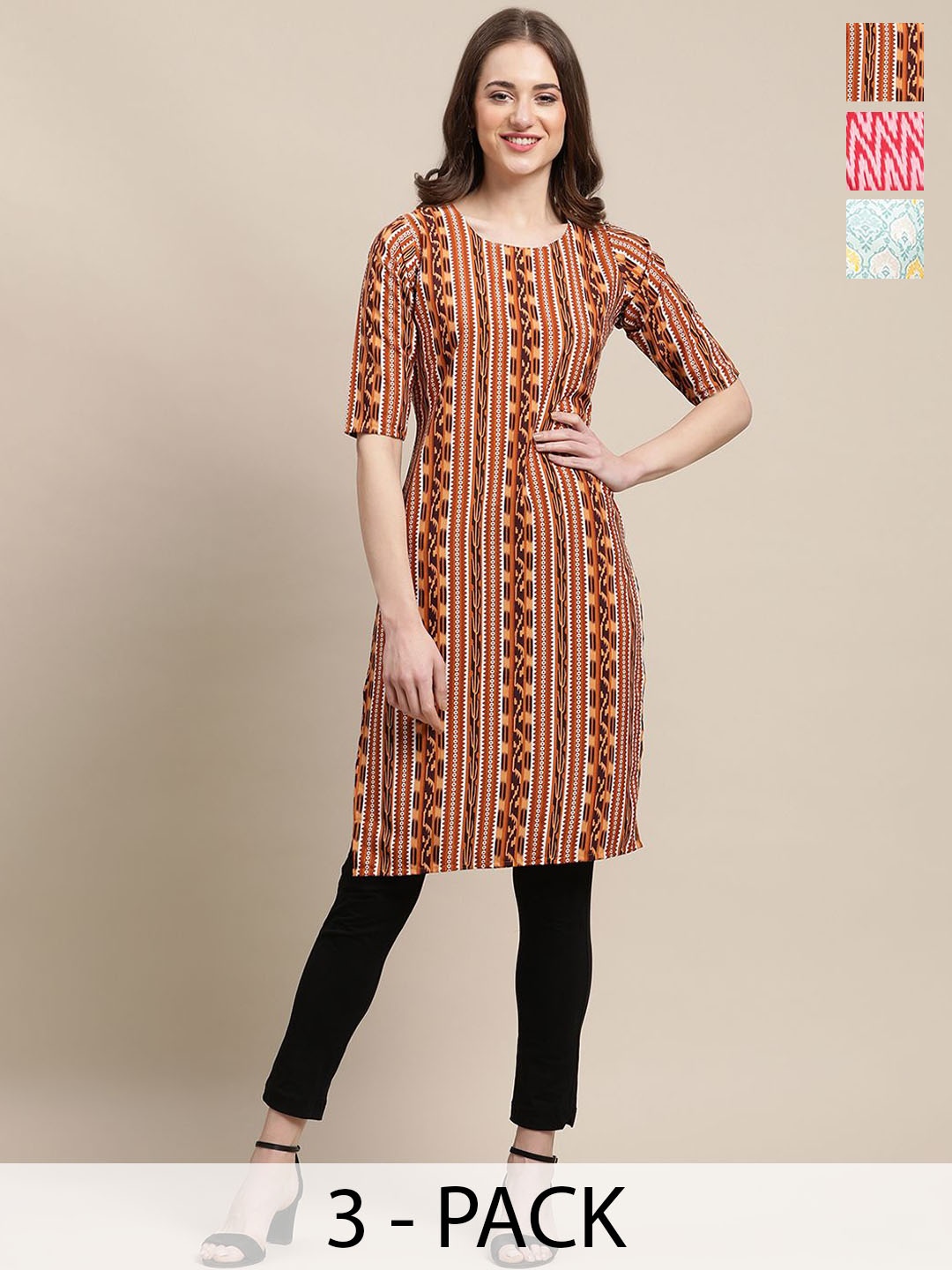 

7Threads Selection Of 3 Geometric Printed Round Neck Straight Kurtas, Yellow
