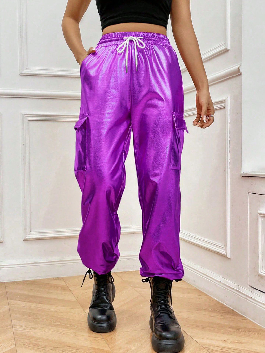 

StyleCast x Revolte Women Embellished Mid-Rise Chinos Trousers, Purple