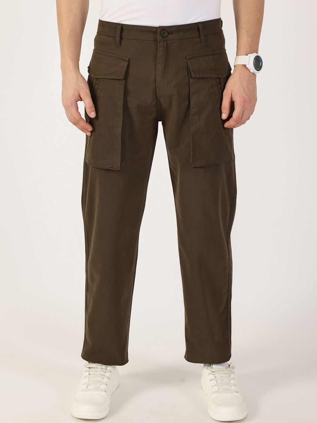 

Thomas Scott Men Smart Regular Fit Cotton Mid-Rise Cargos Trousers, Green
