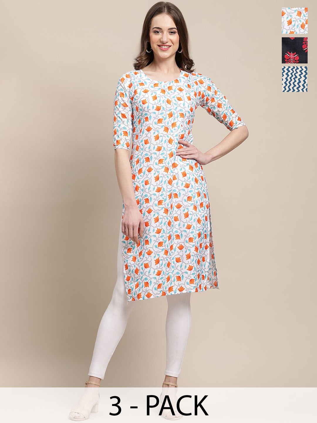 

7Threads Selection of 3 Floral Printed Round Neck Straight Kurtas, White