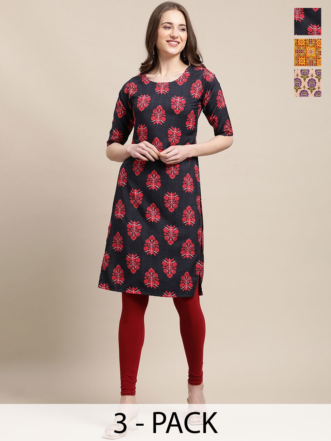 

7Threads Selection Of 3 Floral Printed Round Neck Crepe Straight Kurta, Black