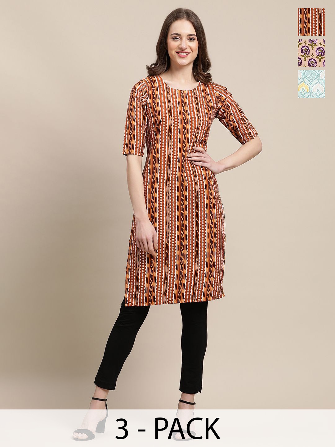 

7Threads Selection Of 3 Ethnic Motifs Printed Round Neck Kurtas, Orange