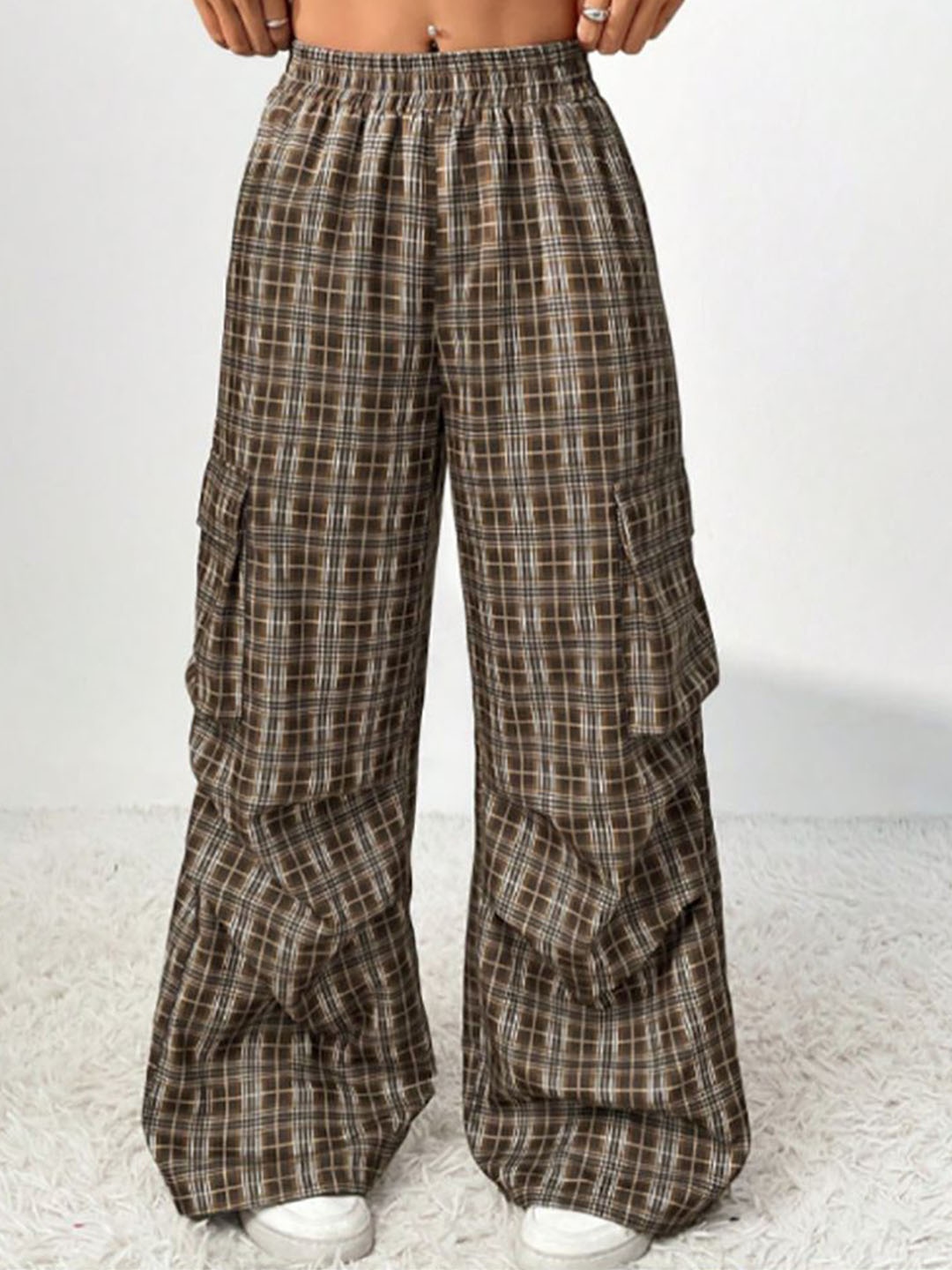 

StyleCast x Revolte Women Checked Loose Fit Pleated Chinos Trousers, Brown