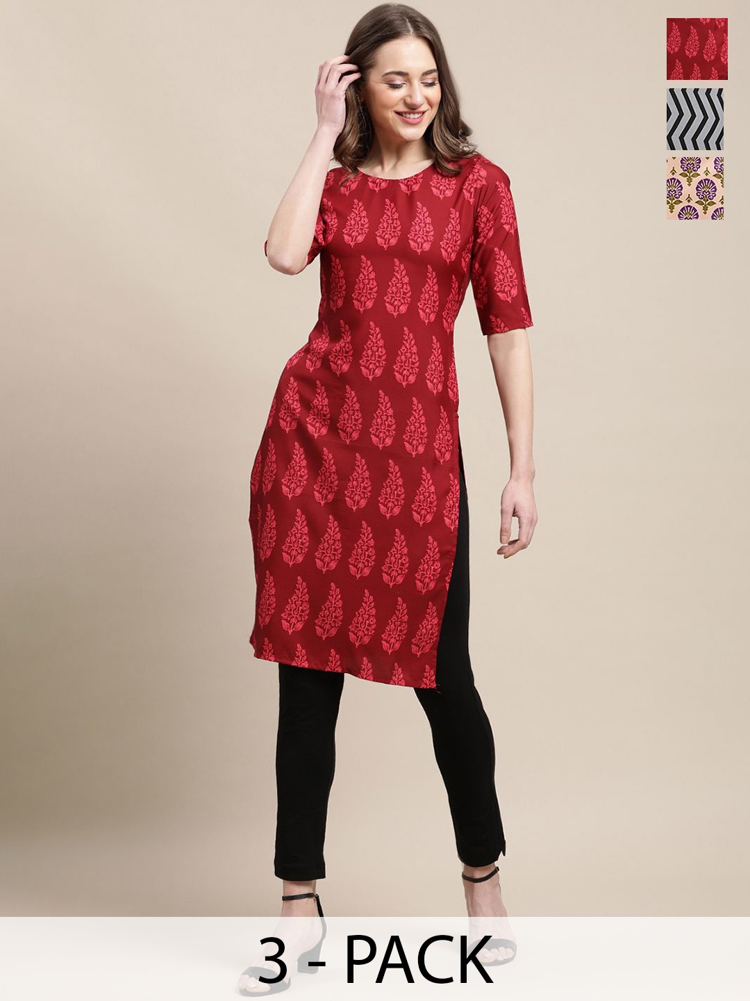 

7Threads Selection Of 3 Ethnic Motifs Printed Round Neck Straight Crepe Kurtas, Red
