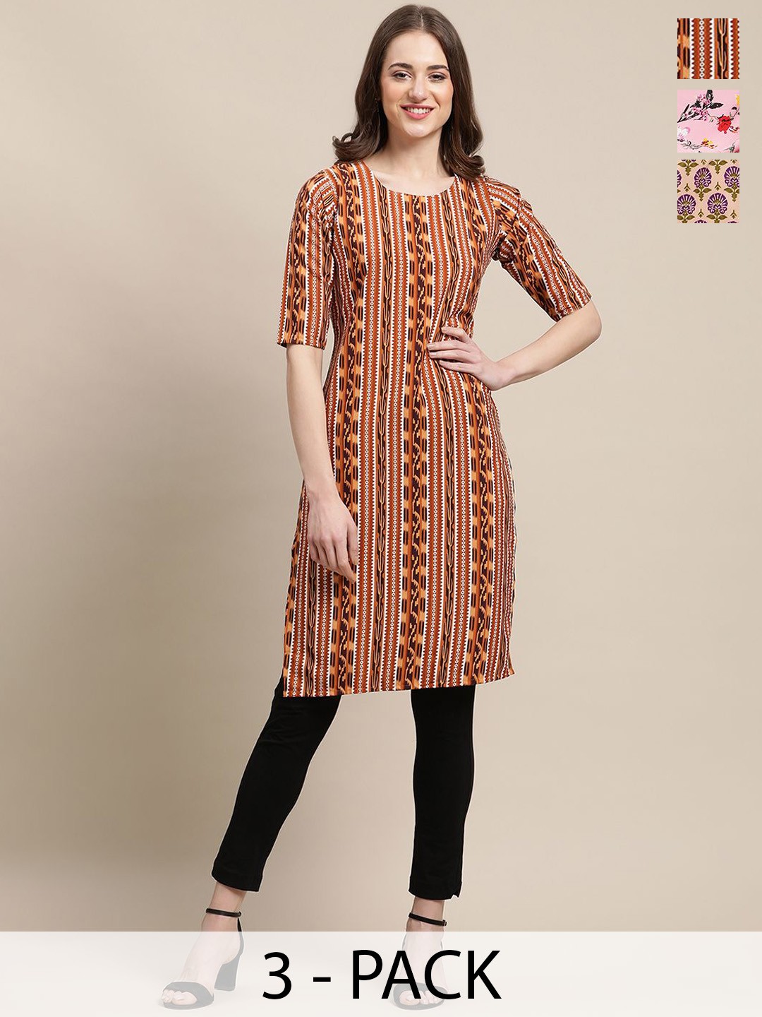 

7Threads Selection of 3 Geometric & Floral Printed Straight Kurtas, Red