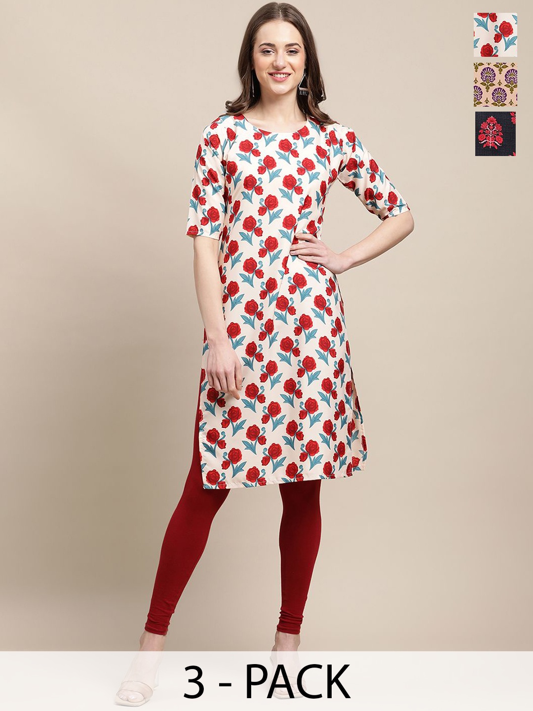 

7Threads Selection of 3 Ethnic Motifs Printed Crepe Straight Kurta, Red