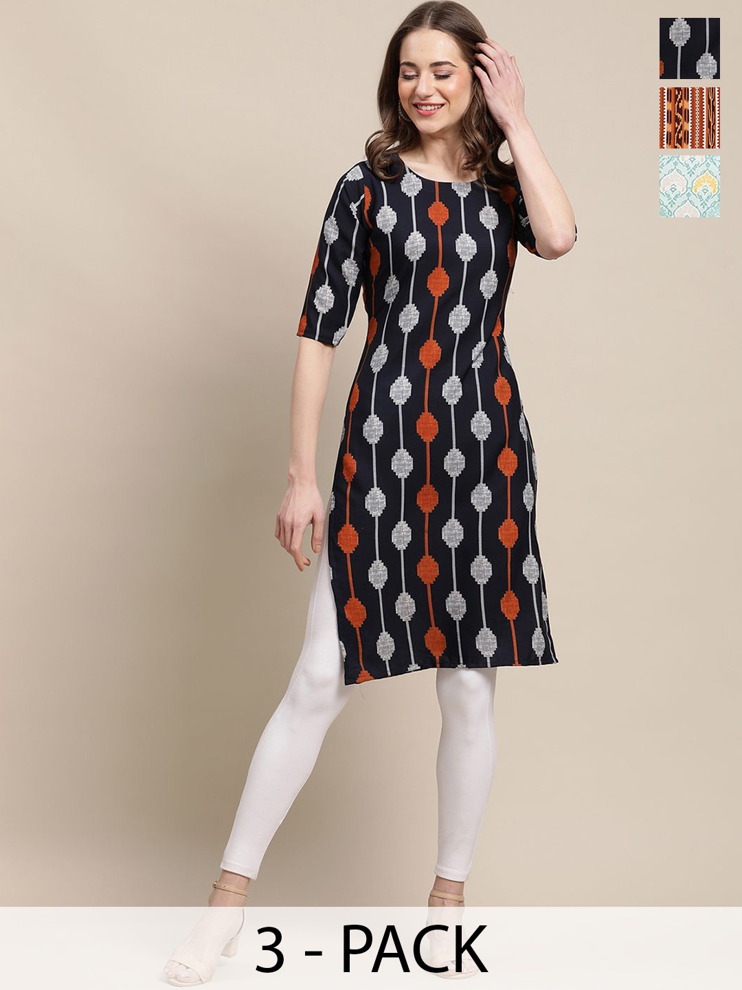 

7Threads Selection Of 3 Floral Printed Round Neck Kurtas, Black