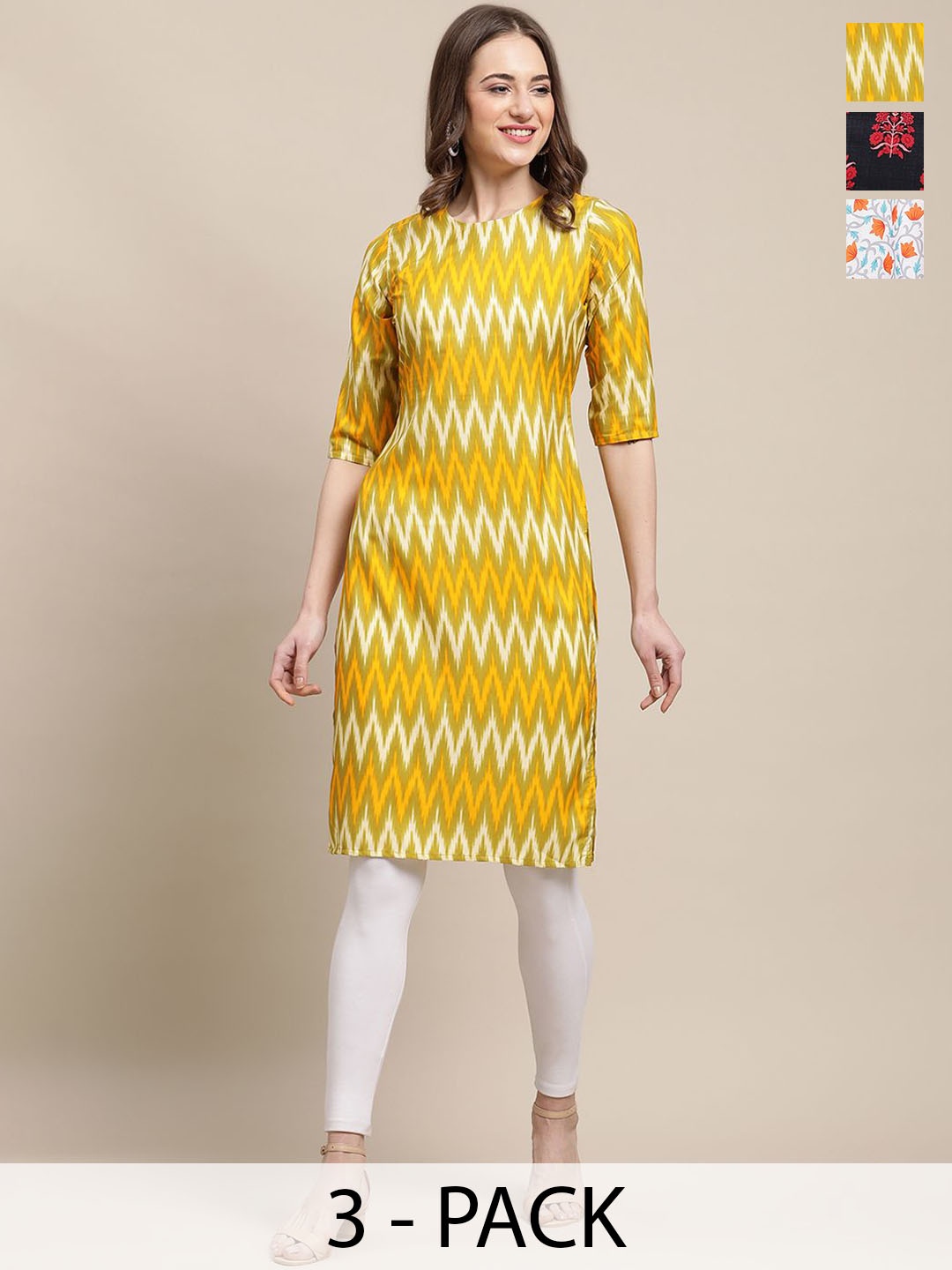 

7Threads Selection Of 3 Ethnic Motifs Printed Kurtas, Yellow