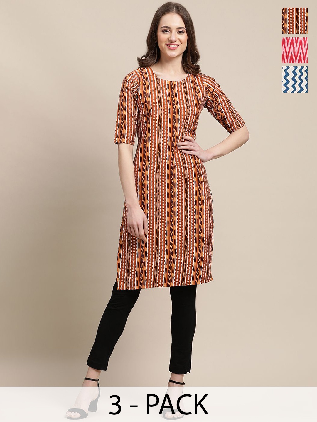 

7Threads Selection Of 3 Chevron Printed Round Neck Crepe Straight Kurta, Brown