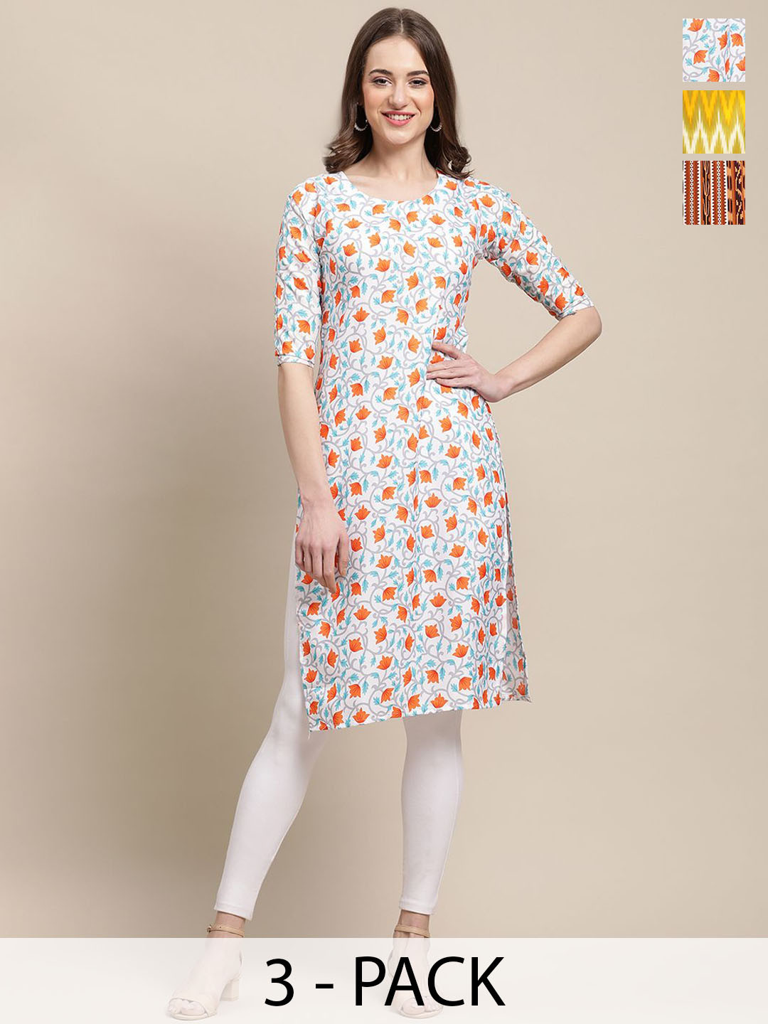 

7Threads Selection Of 3 Floral Printed Round Neck Straight Kurtas, White