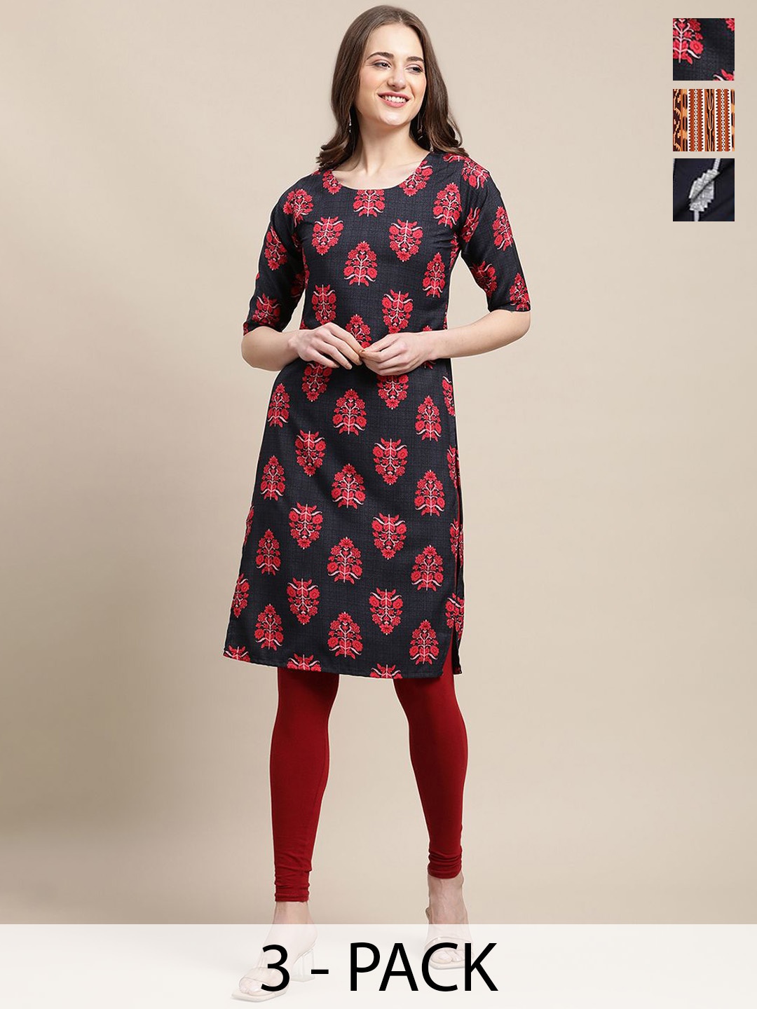 

7Threads Selection Of 3 Ethnic Motifs Printed Round Neck Crepe Straight Kurta, Black