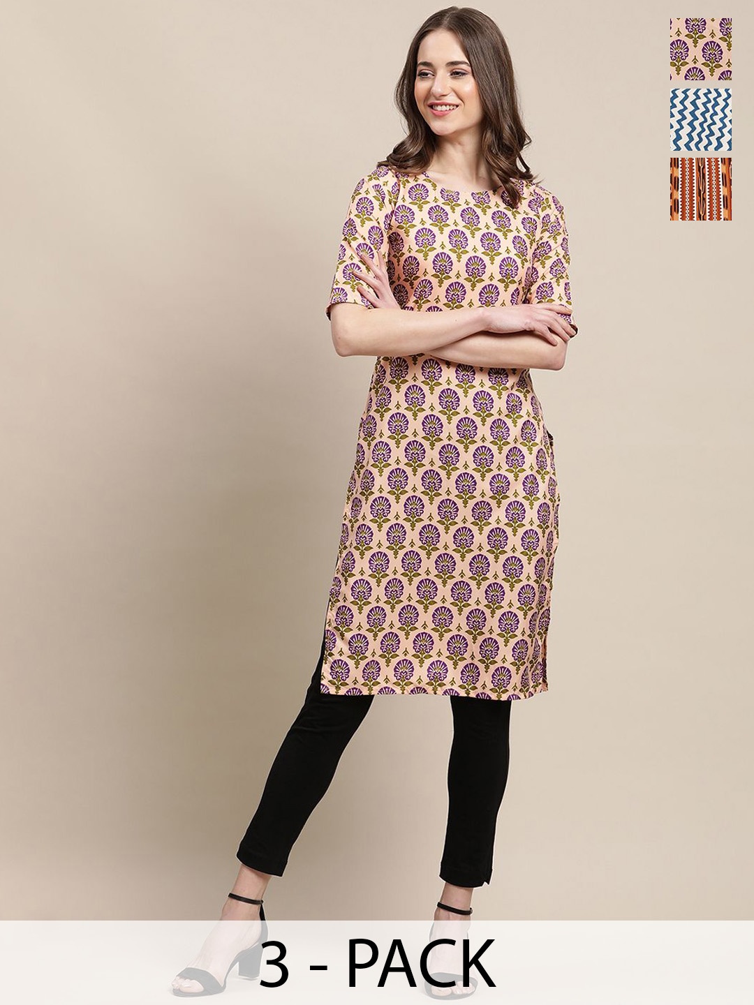 

7Threads Selection Of 3 Floral Printed Straight Kurtas, Beige