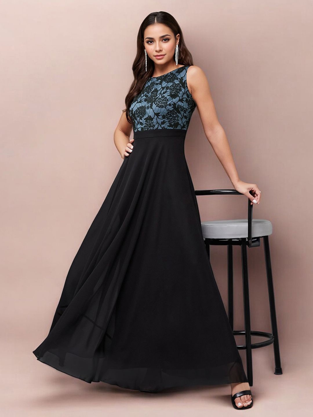 

Miss Chase Women Georgette Fit & Flare Maxi Dress, Black