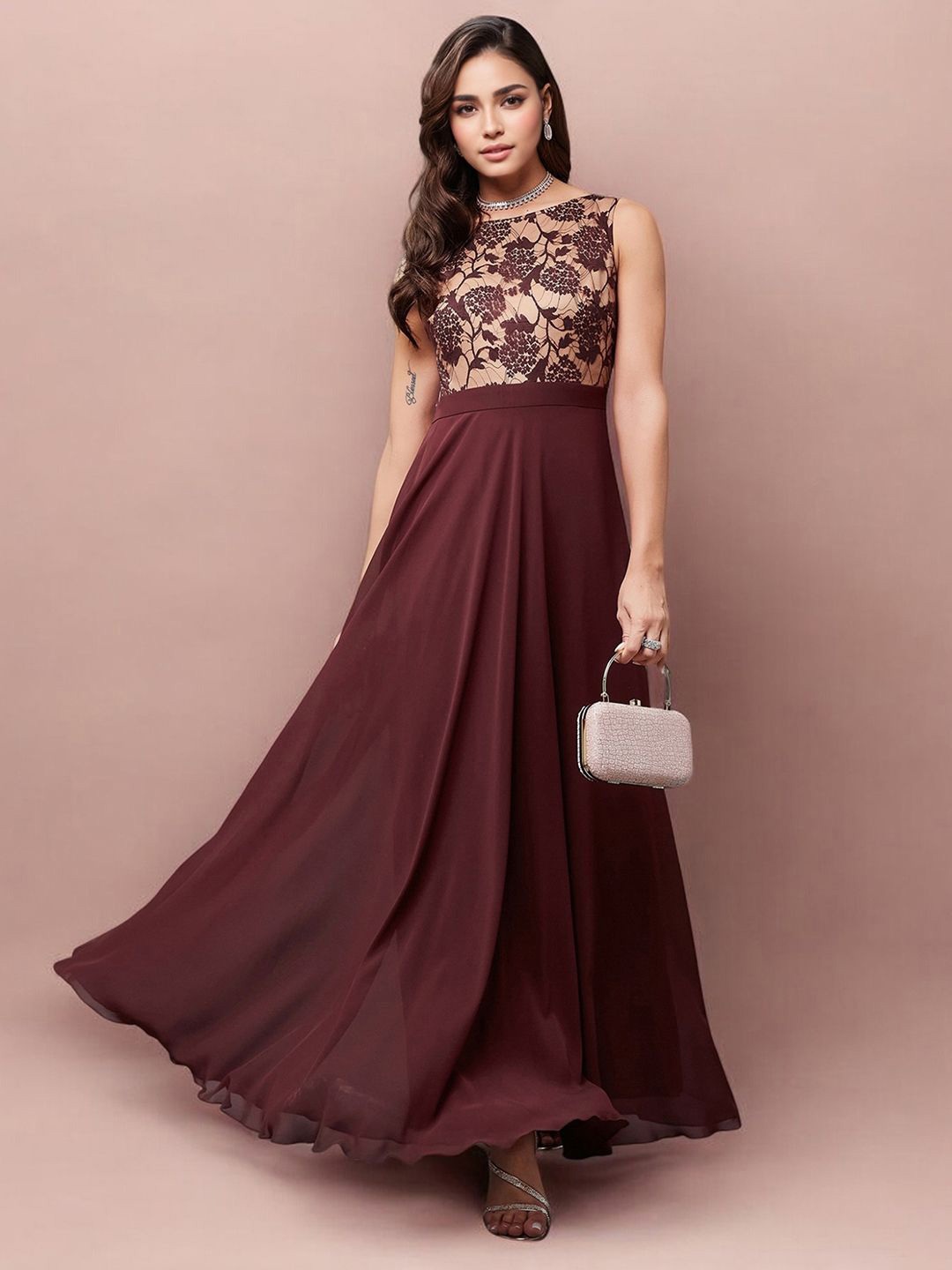 

Miss Chase Women Georgette Fit & Flare Maxi Dress, Brown