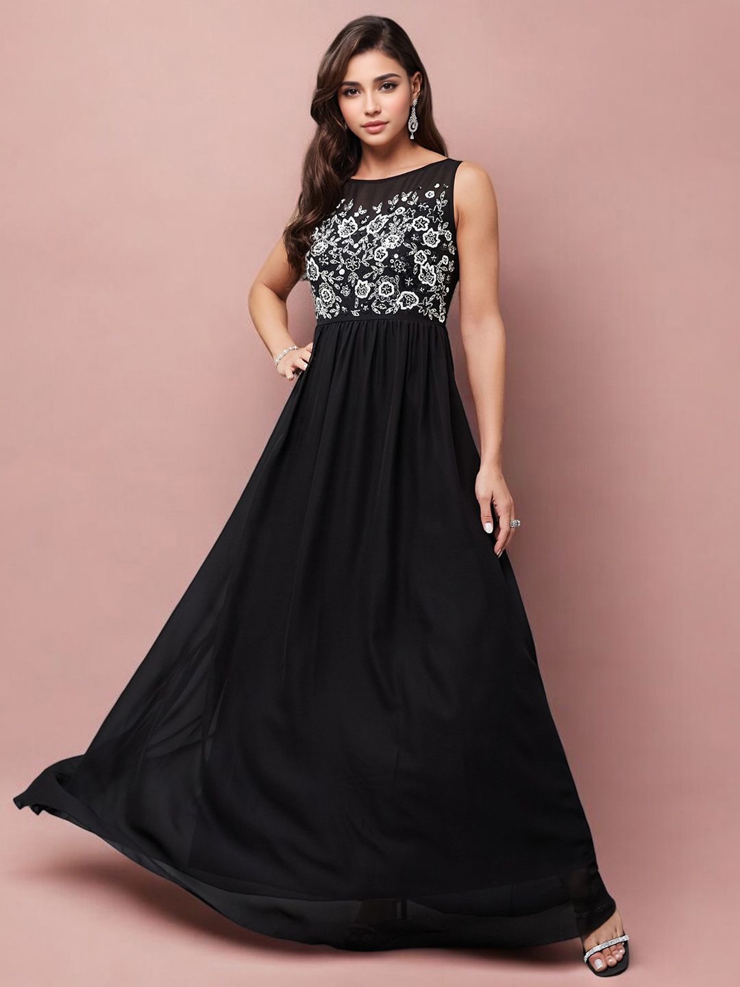 

Miss Chase Women Sequins Embroidered A-Line Dress, Black