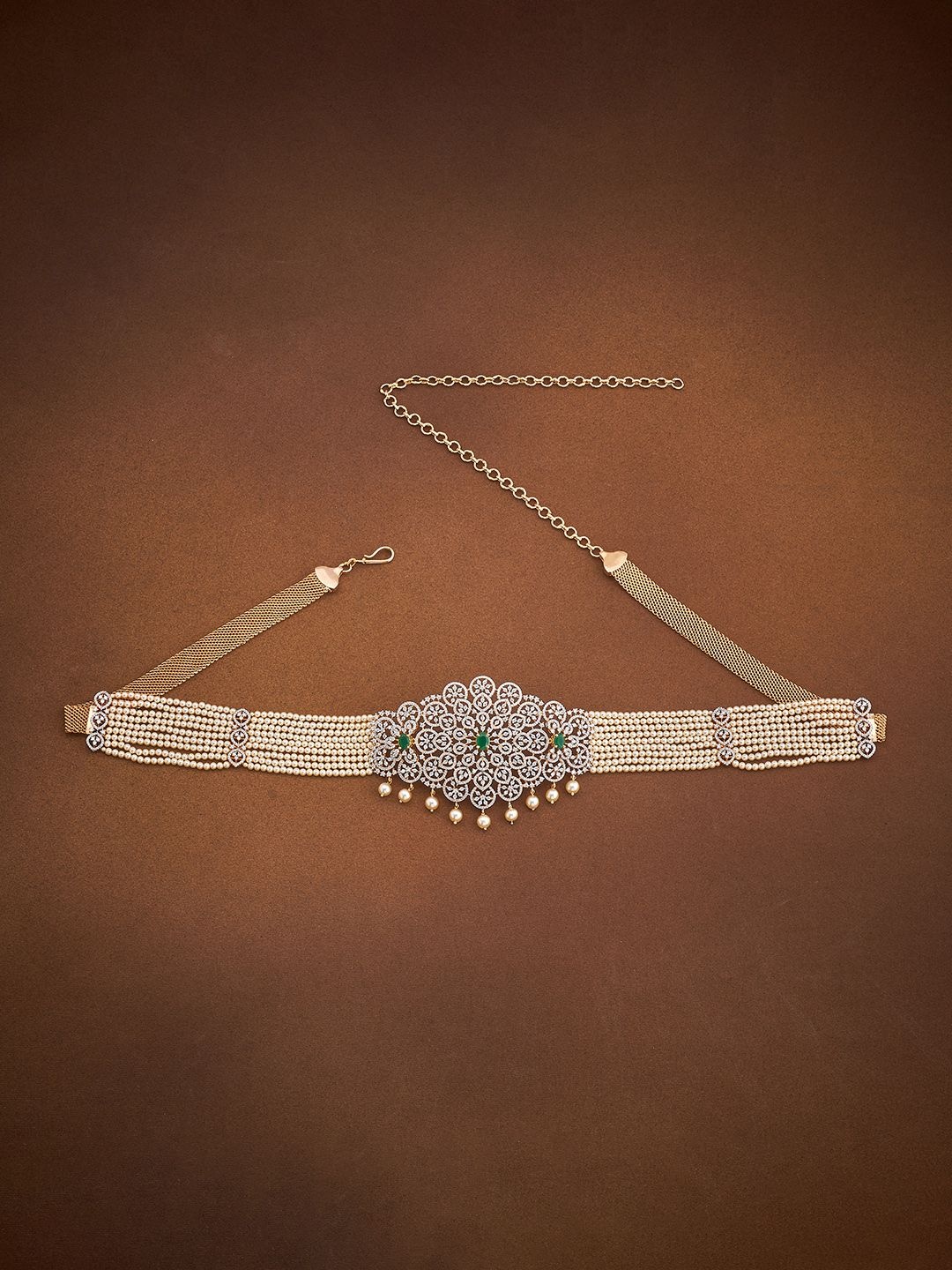 

Kushal's Fashion Jewellery Rhodium-Plated CZ-Studded & Beaded Waist Chain Kamarbandh, Green