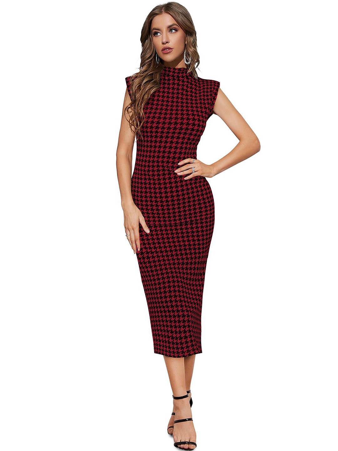 

NORZY PARIS Women Checked Bodycon Midi Dress, Maroon