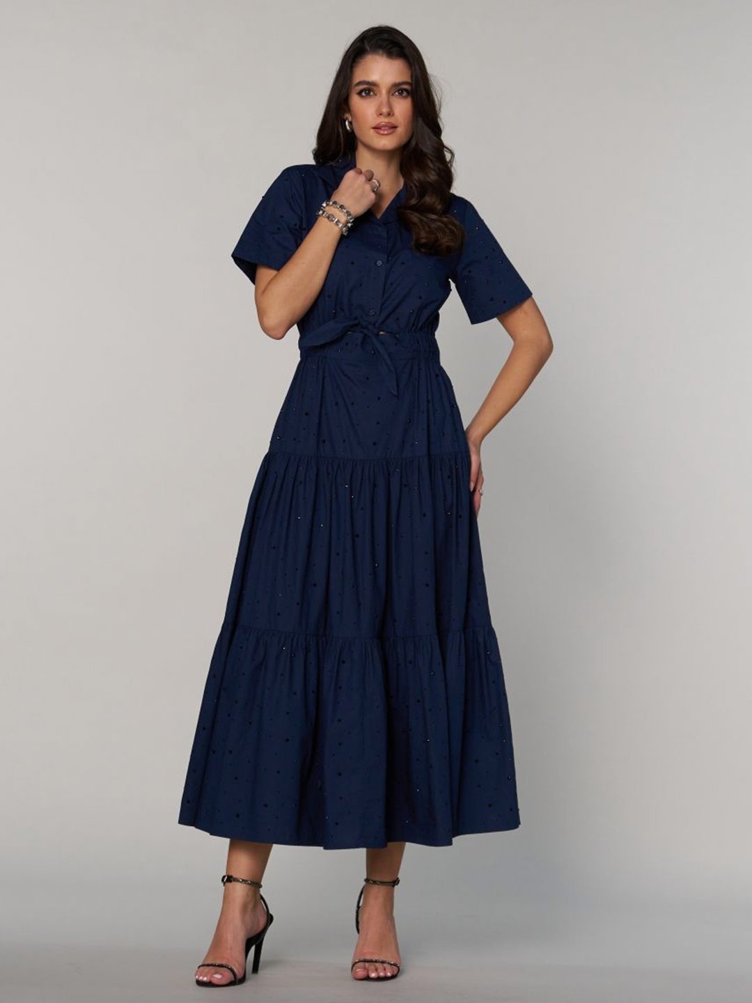 

Style Island Women Cotton Fit & Flare Tiered Maxi Dress, Navy blue