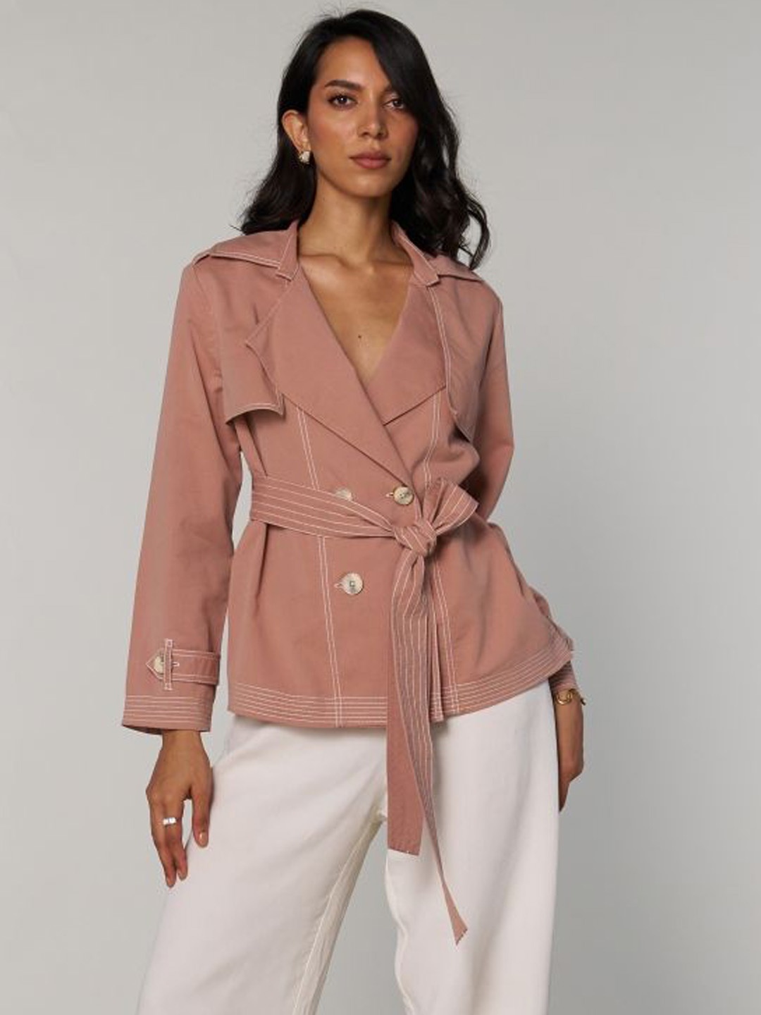 

Style Island Women Striped Cotton Coat, Pink