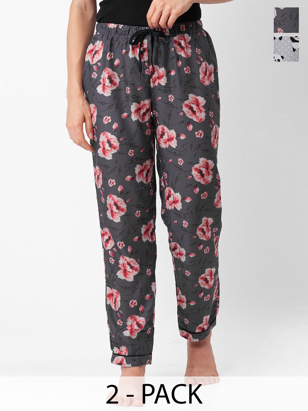 

NOIRA Women Pack of 2 Printed Mid-Rise Straight Lounge Pants, Grey