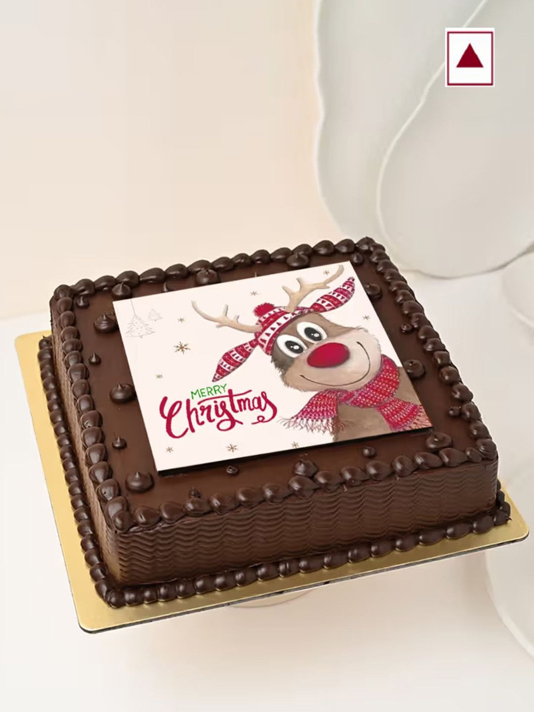 

Floweraura Christmas Reindeer Theme Chocolate Flavour Eggless Square Shape Photo Cake -1Kg, Coffee brown