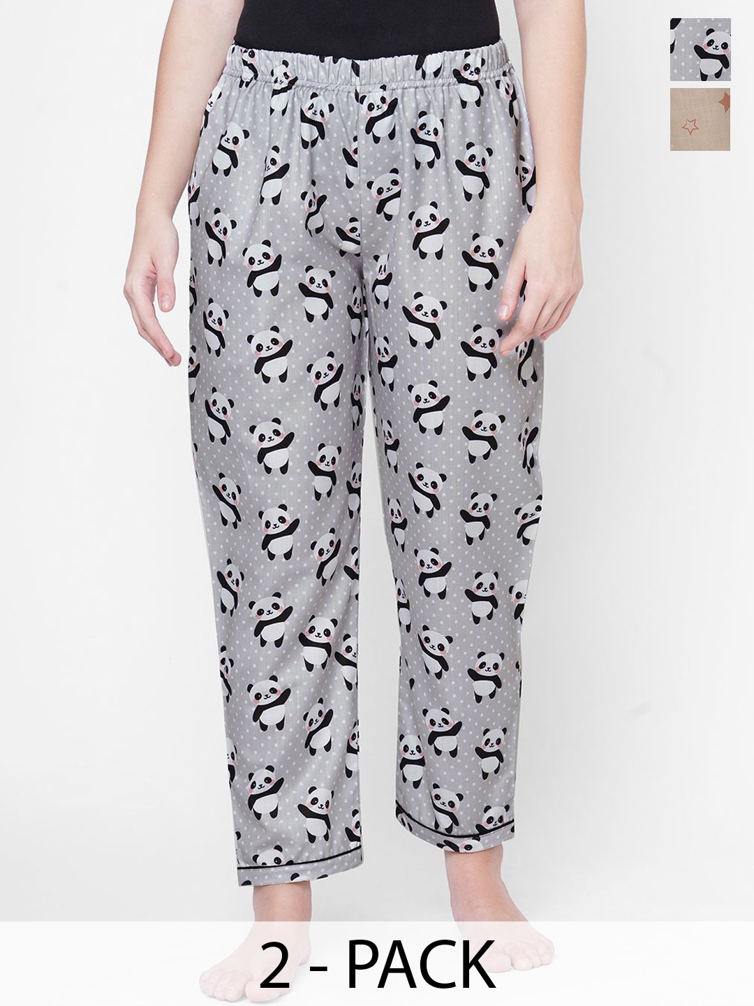 

NOIRA Women Pack Of 2 Printed Mid-Rise Lounge Pants, Grey