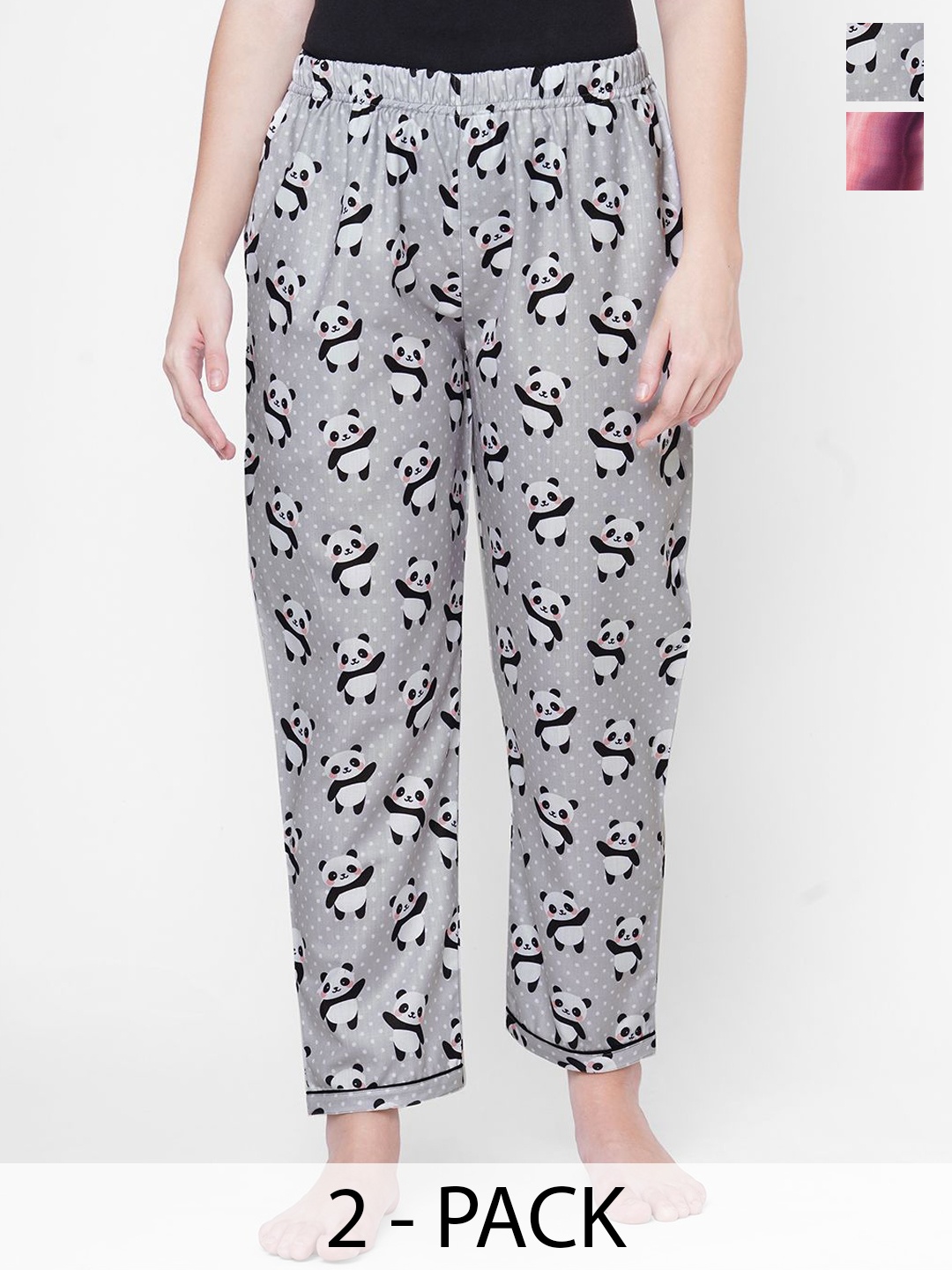 

NOIRA Women Pack Of 2 Printed Mid-Rise Lounge Pants, Grey